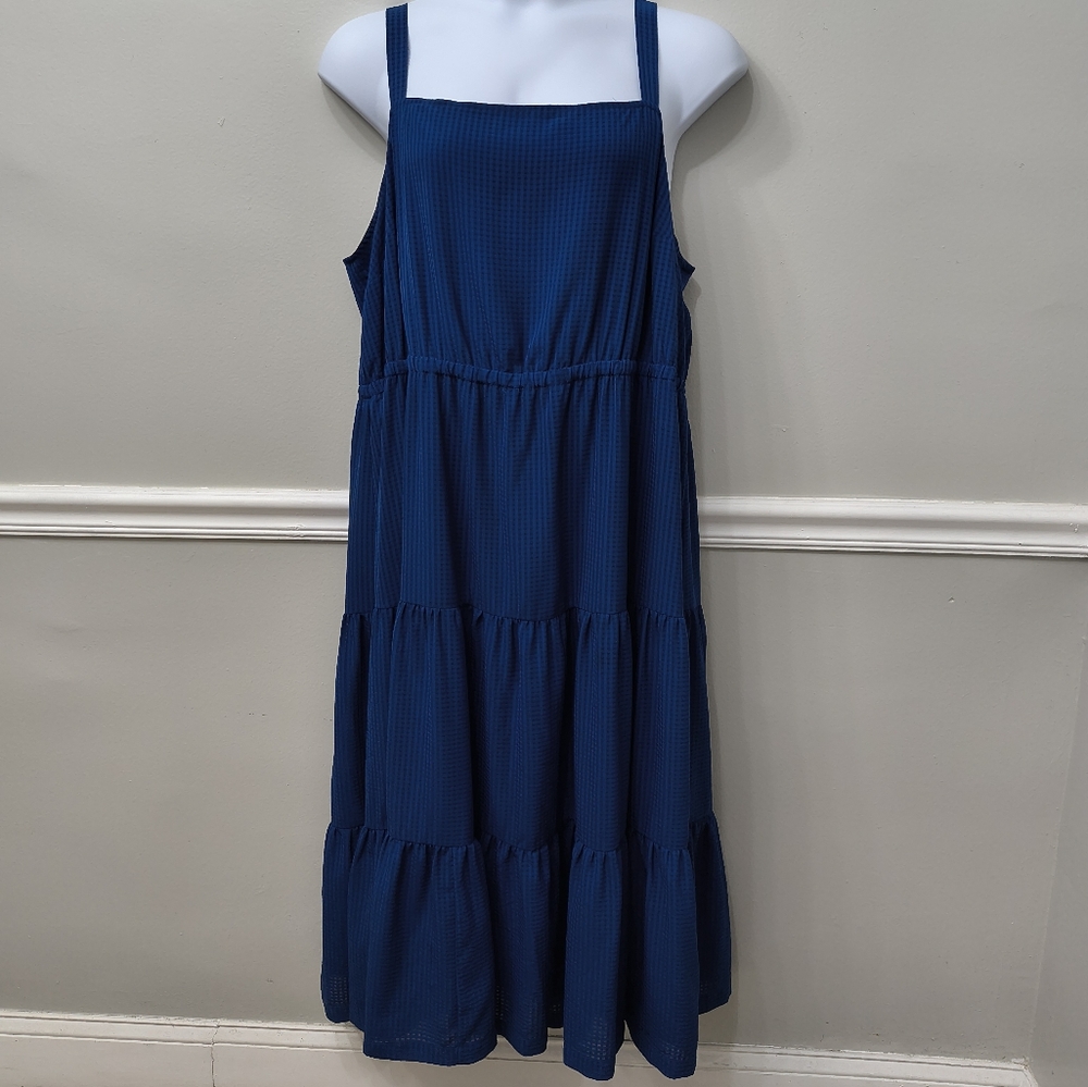 Ava & Viv Blue Checkered Tiered Maxi Dress Sz 2X Summer Minimalist Casual Preppy
